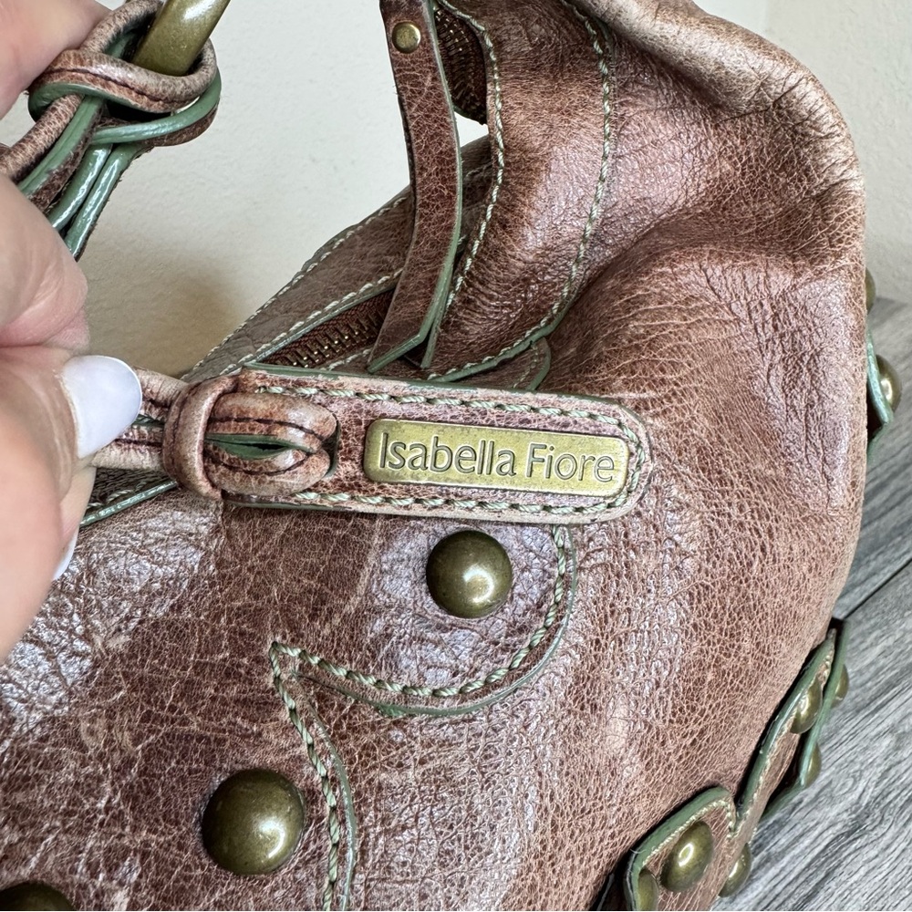 Isabella Fiore Oasis Hobo Brown Distressed Leather Brass Studded Shoulder Bag - Picture 6 of 16